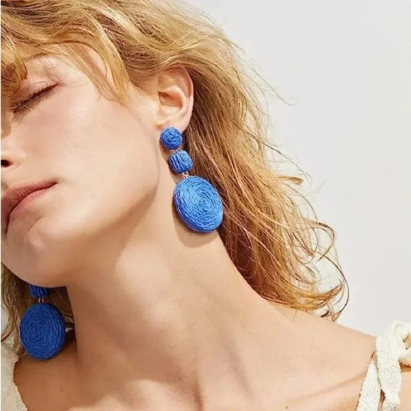 🎈4 LISTINGS FOR $20!! Raffia Drop Earrings | blue dangle round earrings - Picture 4 of 7